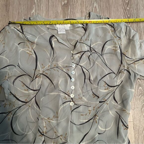 Vintage 100% Silk Floral Print Tunic Long Sleeve Button Up Split Hem Blue Top L - Picture 12 of 16